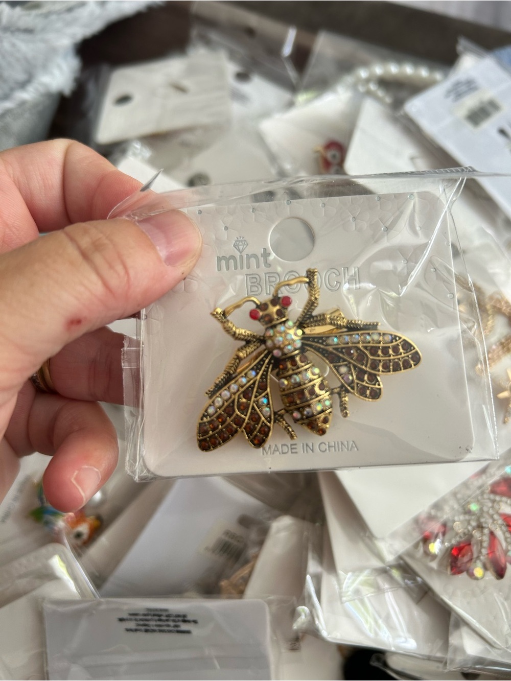 4/$50 Mint Gold Bee Brooch with Multicolor Rhinestones